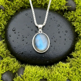 Rainbow Moonstone Halo Pendant in Silver