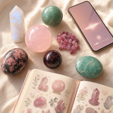 Total Love Summoning bundle — Rose Quartz centerpiece on cream linen with six love-activating companion stones